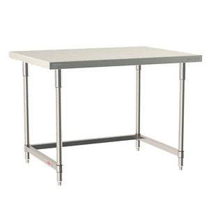 Metro TableWorx stationary work table with 316 stainless steel top and 304 stainless steel 3-sided frame and legs.