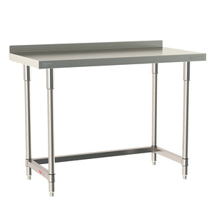 Metro TableWorx stationary work table featuring a 316 stainless steel top with 2-inch backsplash and 304 stainless steel 3-sided frame and legs.