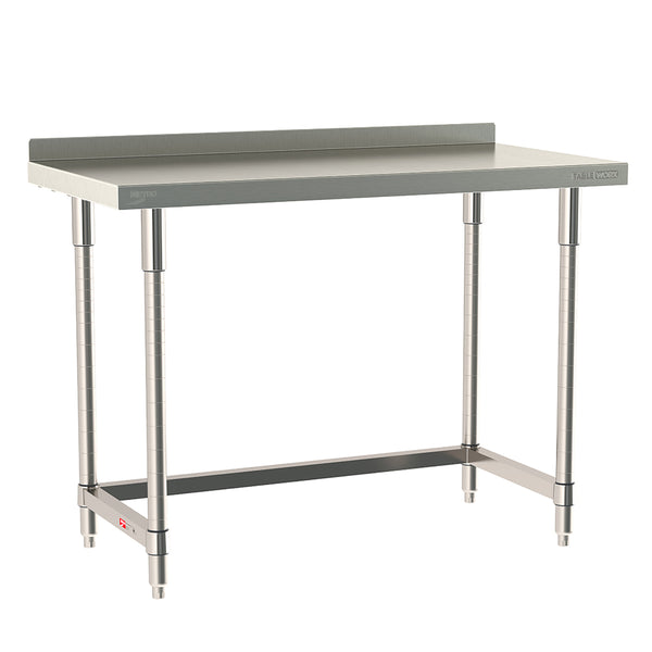 Metro TableWorx stationary work table featuring a 316 stainless steel top with 2-inch backsplash and 304 stainless steel 3-sided frame and legs.