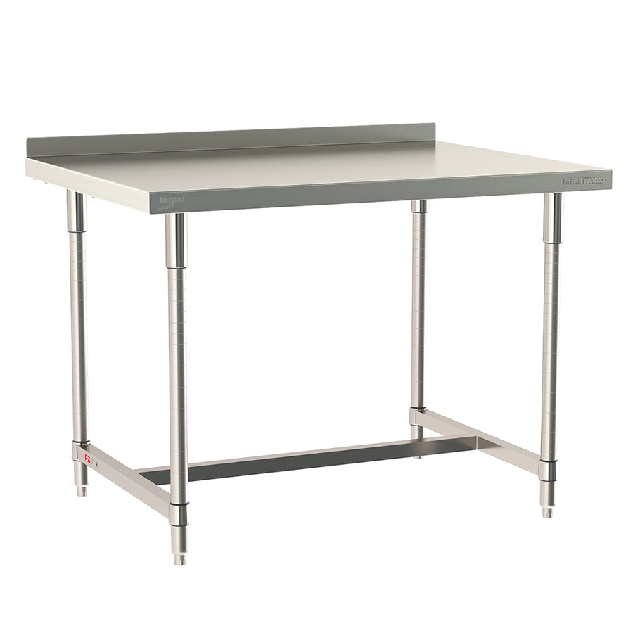 Metro TableWorx stationary work table featuring a 316 stainless steel top with 2-inch backsplash and 304 stainless steel I-frame and legs.