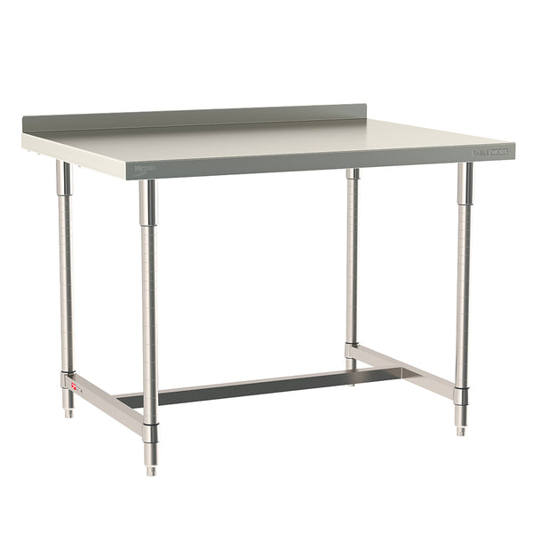 Metro TableWorx stationary work table featuring a 316 stainless steel top with 2-inch backsplash and 304 stainless steel I-frame and legs.