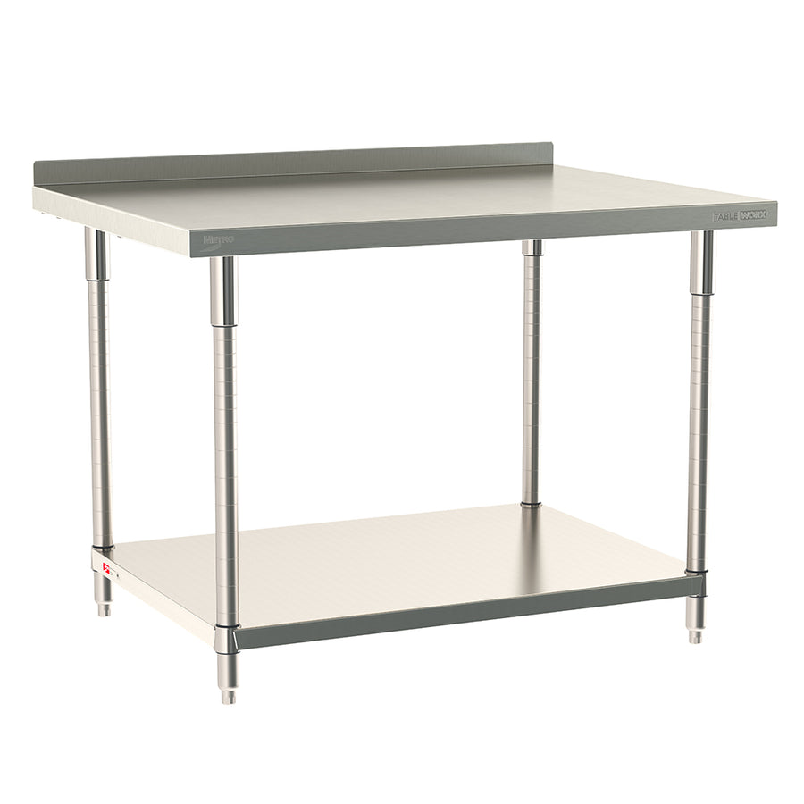 Metro TableWorx stationary work table featuring a 316 stainless steel top with 2-inch backsplash and 304 stainless steel solid undershelf and legs.