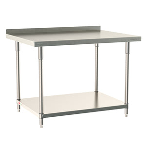 Metro TableWorx stationary work table featuring a 316 stainless steel top with 2-inch backsplash and 304 stainless steel solid undershelf and legs.
