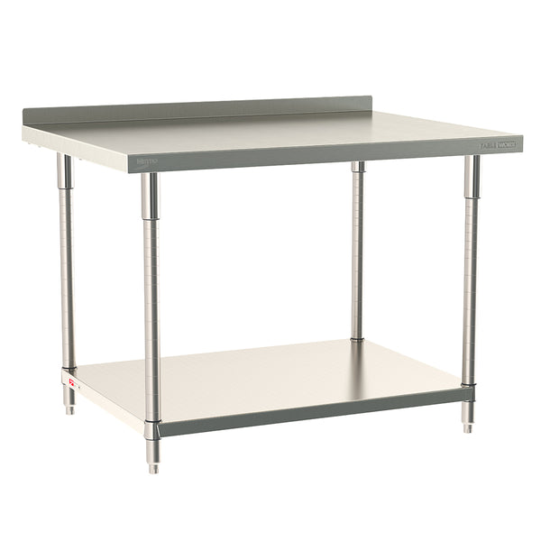 Metro TableWorx stationary work table featuring a 316 stainless steel top with 2-inch backsplash and 304 stainless steel solid undershelf and legs.