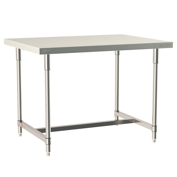 Metro TableWorx stationary work table with 316 stainless steel top and 304 stainless steel I-frame and legs.