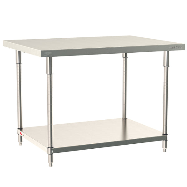 Metro TableWorx stationary work table with a 316 stainless steel top and 304 stainless steel solid undershelf and legs.