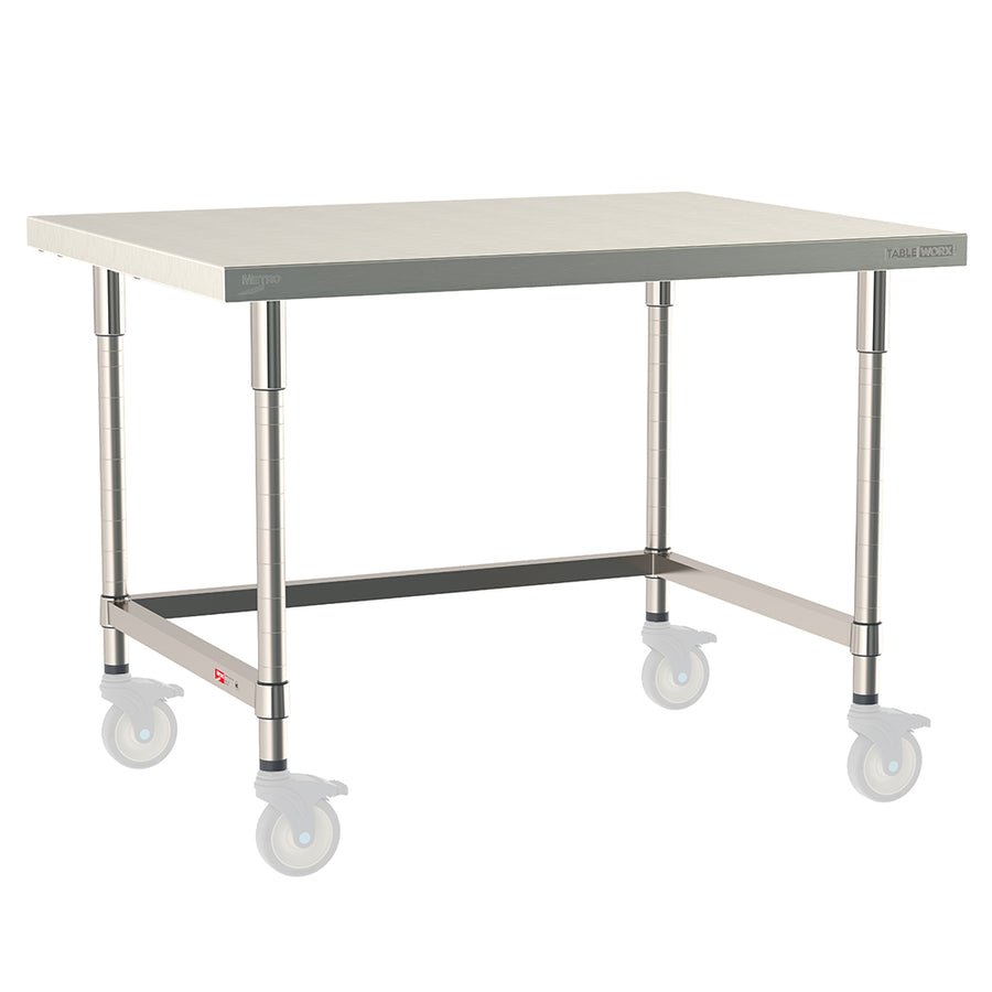 Metro TableWorx mobile-ready work table with 304 stainless steel top, 3-sided frame, and legs compatible with Metro 1-inch stem casters.