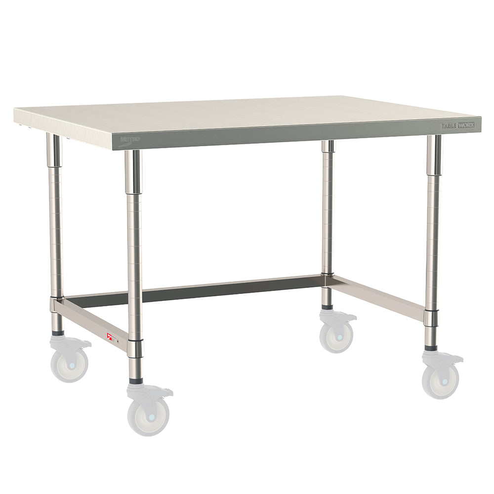 Metro TableWorx mobile-ready work table with 304 stainless steel top, 3-sided frame, and legs compatible with Metro 1-inch stem casters.