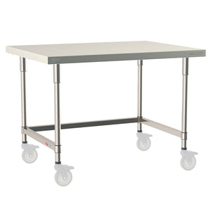 Metro TableWorx mobile-ready work table with 304 stainless steel top, 3-sided frame, and legs compatible with Metro 1-inch stem casters.