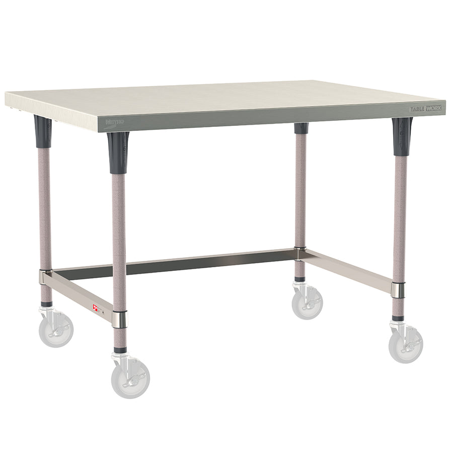 Metro TableWorx mobile-ready work table with 304 stainless steel top, 3-sided frame, and gray epoxy-coated steel legs compatible with Metro 1-inch stem casters.