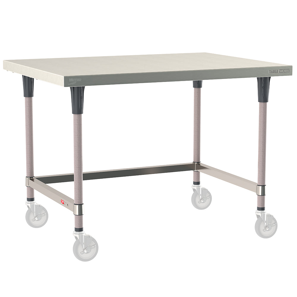 Metro TableWorx mobile-ready work table with 304 stainless steel top, 3-sided frame, and gray epoxy-coated steel legs compatible with Metro 1-inch stem casters.