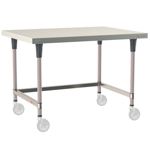 Metro TableWorx mobile-ready work table with 304 stainless steel top, 3-sided frame, and gray epoxy-coated steel legs compatible with Metro 1-inch stem casters.