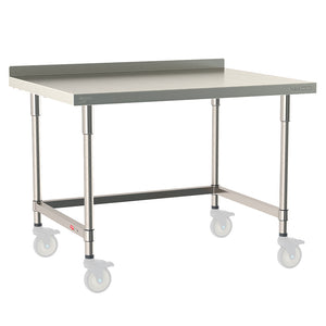 Metro TableWorx mobile-ready work table with 304 stainless steel top, 2-inch backsplash, 3-sided frame, and legs compatible with Metro 1-inch stem casters.