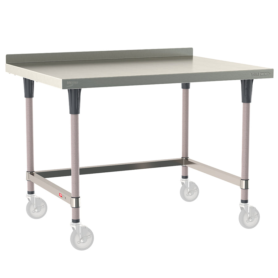 Metro TableWorx mobile-ready work table with 304 stainless steel top, 2-inch backsplash, 3-sided frame, and gray epoxy-coated steel legs compatible with Metro 1-inch stem casters.