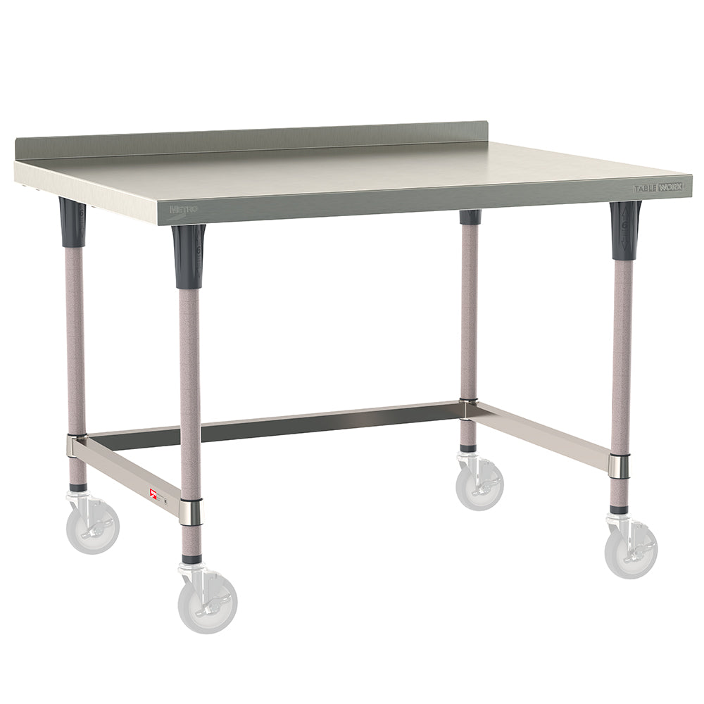 Metro TableWorx mobile-ready work table with 304 stainless steel top, 2-inch backsplash, 3-sided frame, and gray epoxy-coated steel legs compatible with Metro 1-inch stem casters.