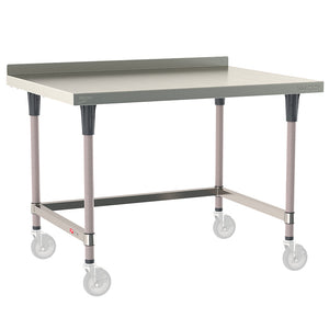 Metro TableWorx mobile-ready work table with 304 stainless steel top, 2-inch backsplash, 3-sided frame, and gray epoxy-coated steel legs compatible with Metro 1-inch stem casters.