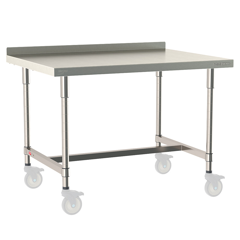 Metro TableWorx mobile-ready work table with 304 stainless steel top, 2-inch backsplash, I-frame, and legs compatible with Metro 1-inch stem casters.