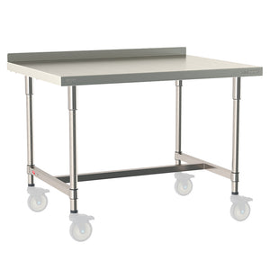 Metro TableWorx mobile-ready work table with 304 stainless steel top, 2-inch backsplash, I-frame, and legs compatible with Metro 1-inch stem casters.