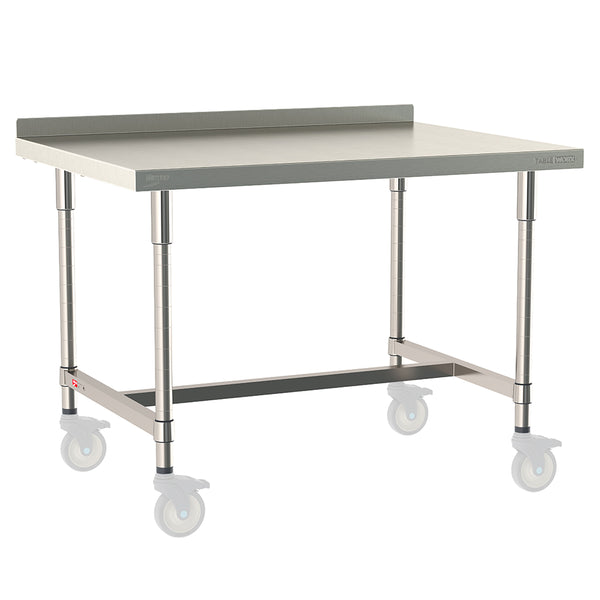 Metro TableWorx mobile-ready work table with 304 stainless steel top, 2-inch backsplash, I-frame, and legs compatible with Metro 1-inch stem casters.