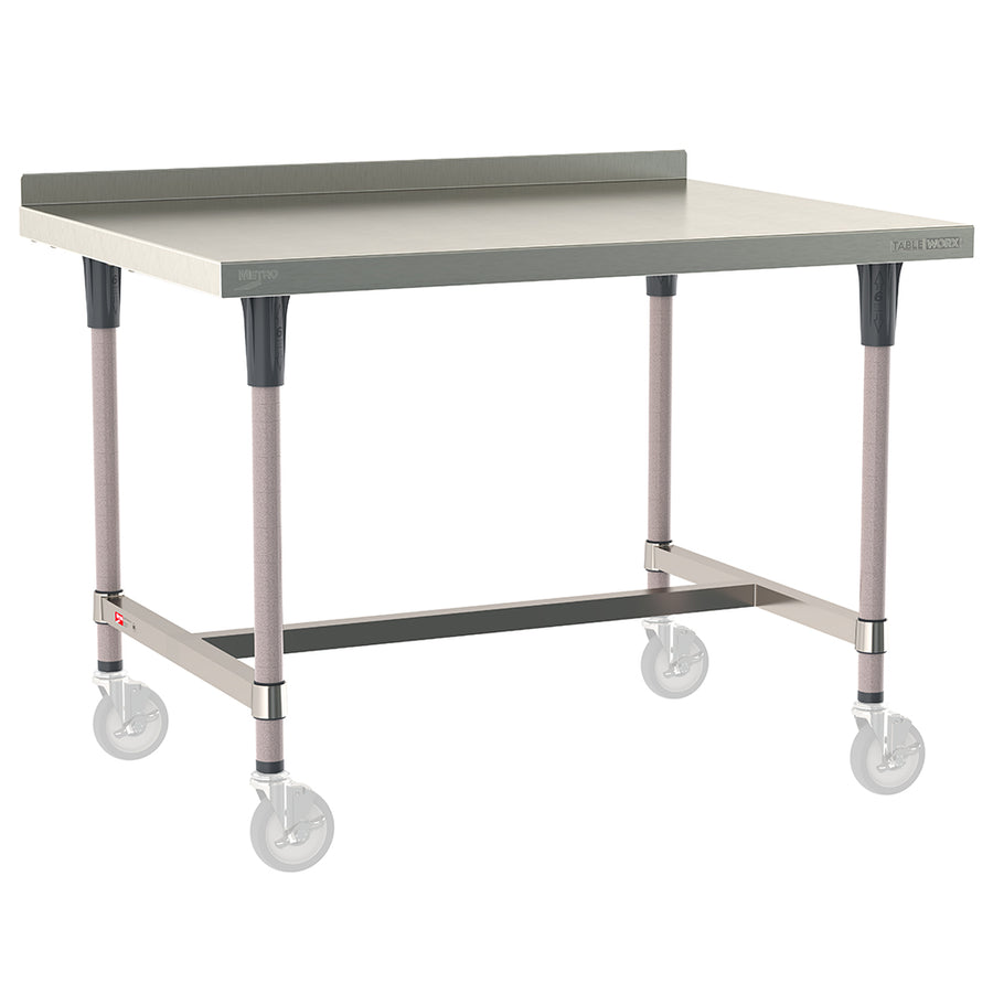 Metro TableWorx mobile-ready work table with 304 stainless steel top, 2-inch backsplash, I-frame, and gray epoxy-coated steel legs compatible with Metro 1-inch stem casters.