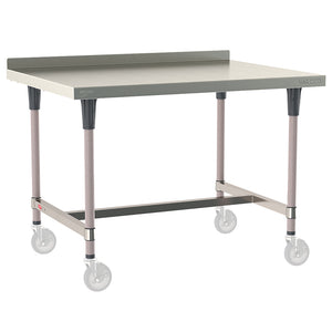 Metro TableWorx mobile-ready work table with 304 stainless steel top, 2-inch backsplash, I-frame, and gray epoxy-coated steel legs compatible with Metro 1-inch stem casters.