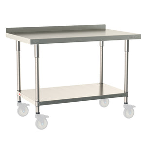 Metro TableWorx mobile-ready work table with 304 stainless steel top, 2-inch backsplash, solid undershelf, and legs compatible with Metro 1-inch stem casters.
