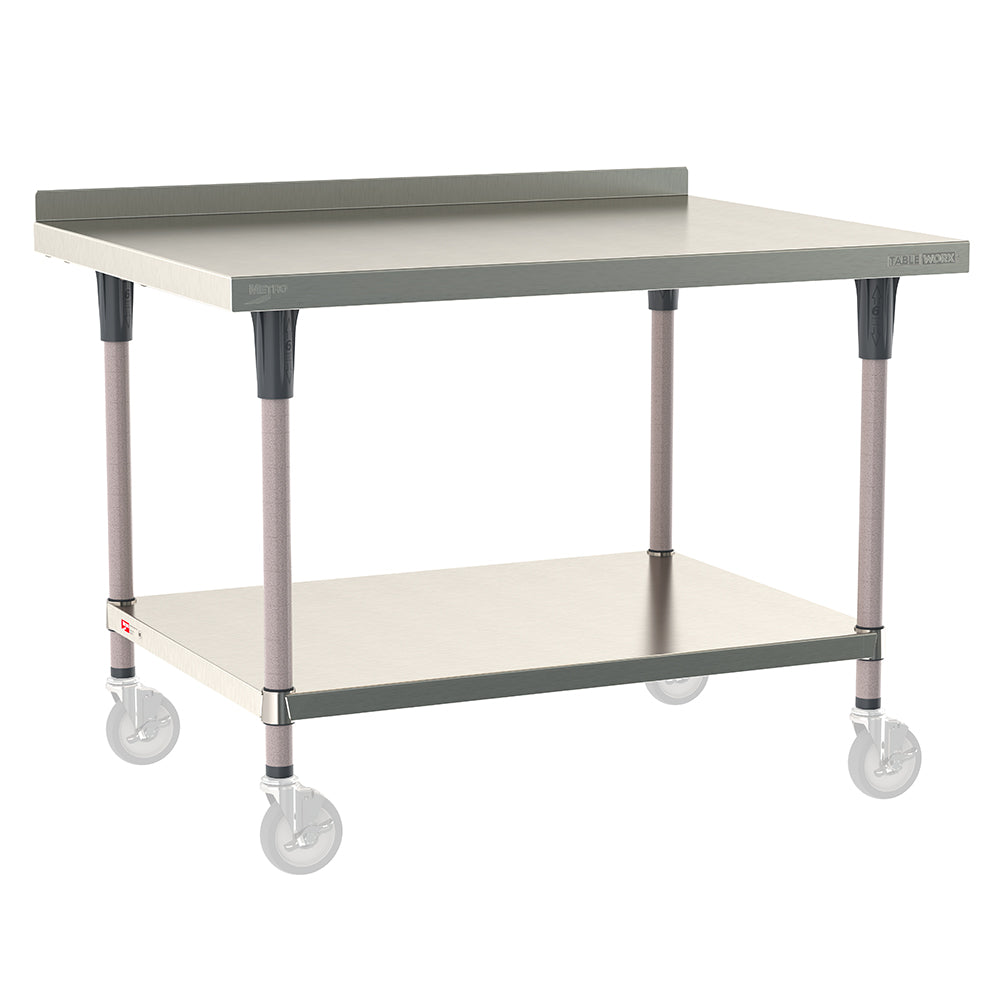 Metro TableWorx mobile-ready work table with 304 stainless steel top, 2-inch backsplash, solid undershelf, and gray epoxy-coated steel legs compatible with Metro 1-inch stem casters.
