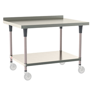 Metro TableWorx mobile-ready work table with 304 stainless steel top, 2-inch backsplash, solid undershelf, and gray epoxy-coated steel legs compatible with Metro 1-inch stem casters.