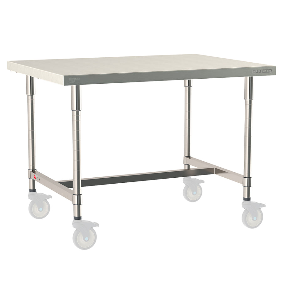 Metro TableWorx mobile-ready work table with 304 stainless steel top, I-frame, and legs compatible with Metro 1-inch stem casters.