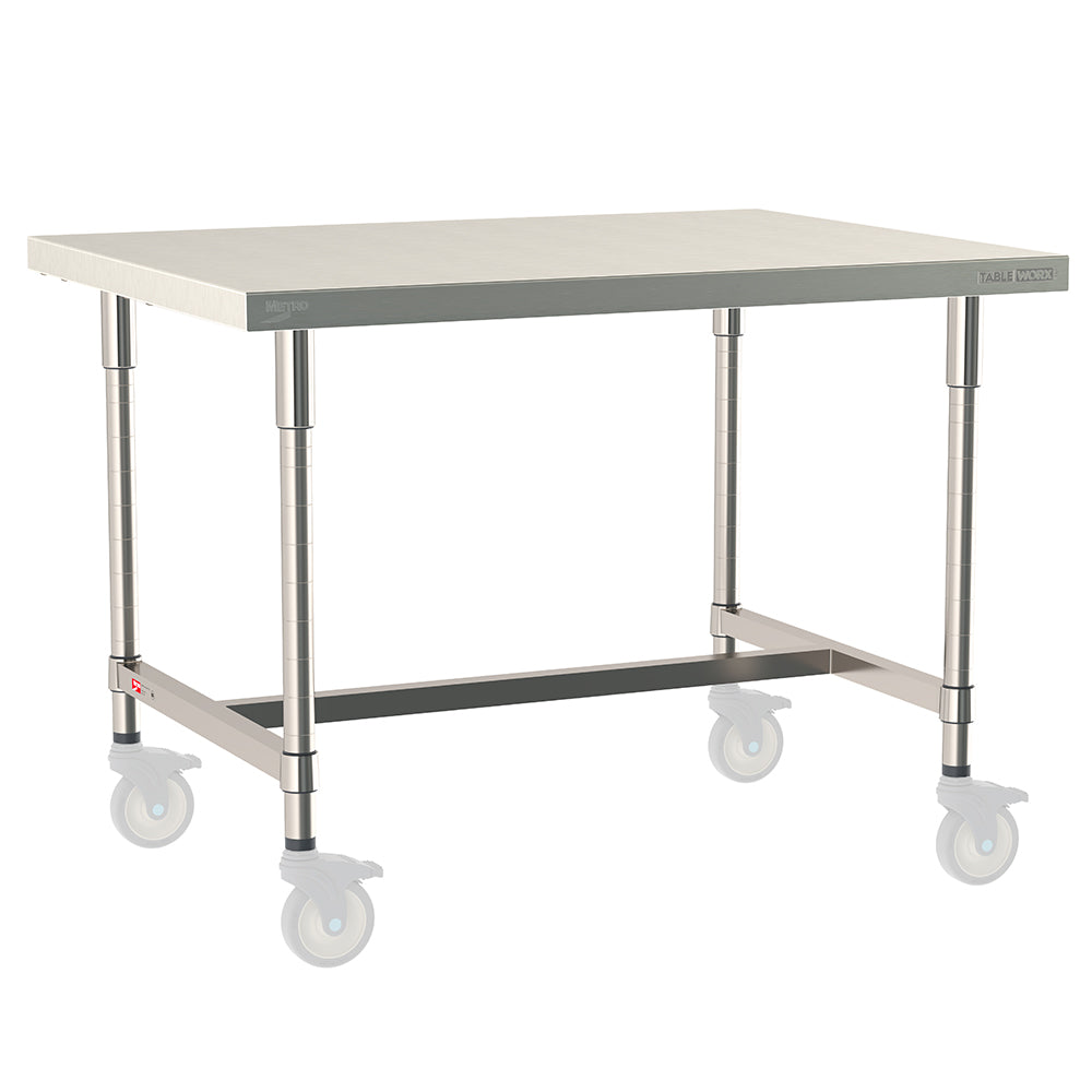 Metro TableWorx mobile-ready work table with 304 stainless steel top, I-frame, and legs compatible with Metro 1-inch stem casters.