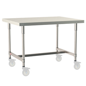 Metro TableWorx mobile-ready work table with 304 stainless steel top, I-frame, and legs compatible with Metro 1-inch stem casters.