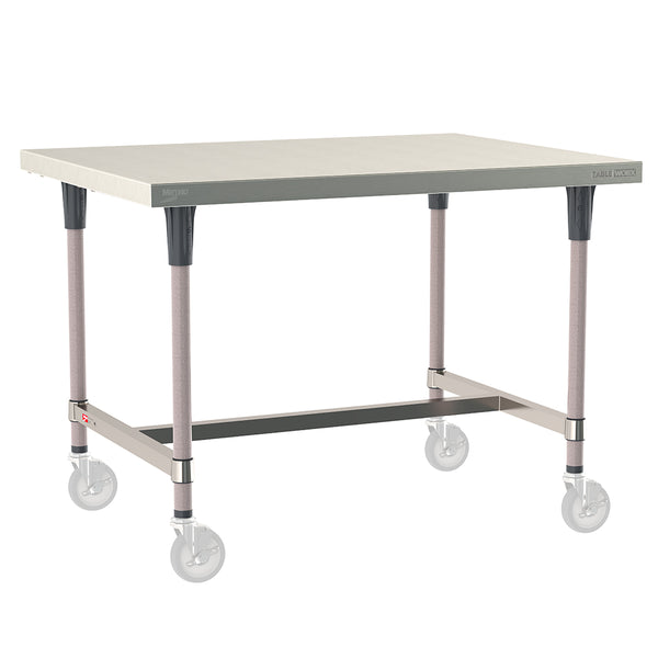 Metro TableWorx mobile-ready work table with 304 stainless steel top, I-frame, and gray epoxy-coated steel legs compatible with Metro 1-inch stem casters.