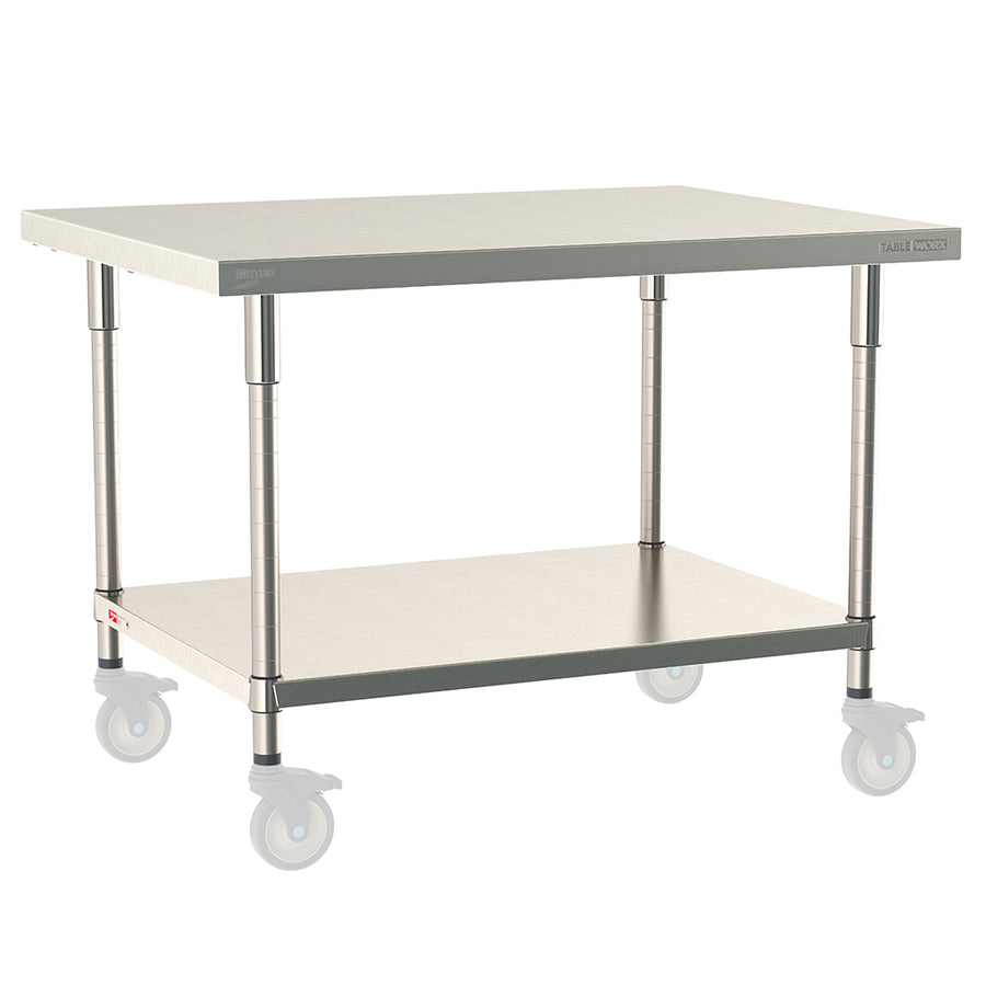 Metro TableWorx mobile-ready work table with 304 stainless steel top, solid undershelf, and legs compatible with Metro 1-inch stem casters.