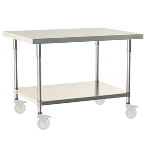 Metro TableWorx mobile-ready work table with 304 stainless steel top, solid undershelf, and legs compatible with Metro 1-inch stem casters.