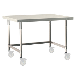 Metro TableWorx mobile-ready work table with 316 stainless steel top and 304 stainless steel 3-sided frame and legs, compatible with Metro 1-inch stem casters for mobility.