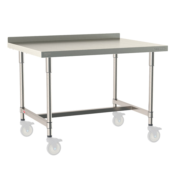 Metro TableWorx mobile-ready work table featuring a 316 stainless steel top with 2-inch backsplash, 304 stainless steel I-frame and legs, and compatibility with Metro 1-inch stem casters for mobile use.