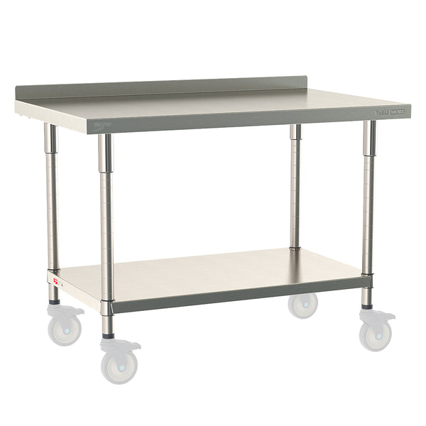 Metro TableWorx mobile-ready work table featuring a 316 stainless steel top with 2-inch backsplash, 304 stainless steel solid undershelf and legs, and compatibility with Metro 1-inch stem casters for mobile use.