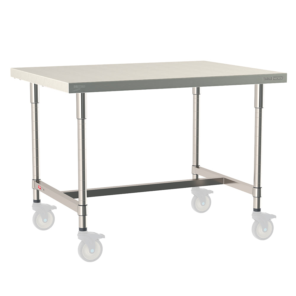 Metro TableWorx mobile-ready work table with 316 stainless steel top and 304 stainless steel I-frame and legs, compatible with Metro 1-inch stem casters for mobility.