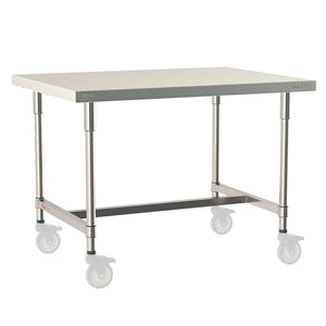 Metro TableWorx mobile-ready work table with 316 stainless steel top and 304 stainless steel I-frame and legs, compatible with Metro 1-inch stem casters for mobility.