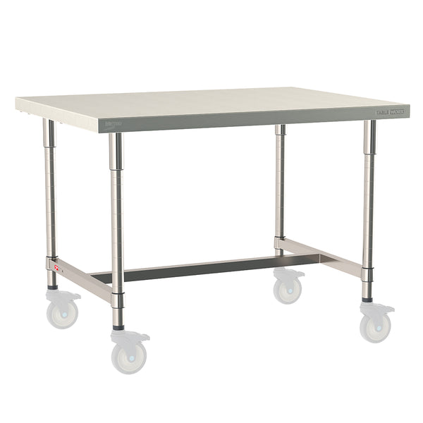 Metro TableWorx mobile-ready work table with 316 stainless steel top and 304 stainless steel I-frame and legs, compatible with Metro 1-inch stem casters for mobility.