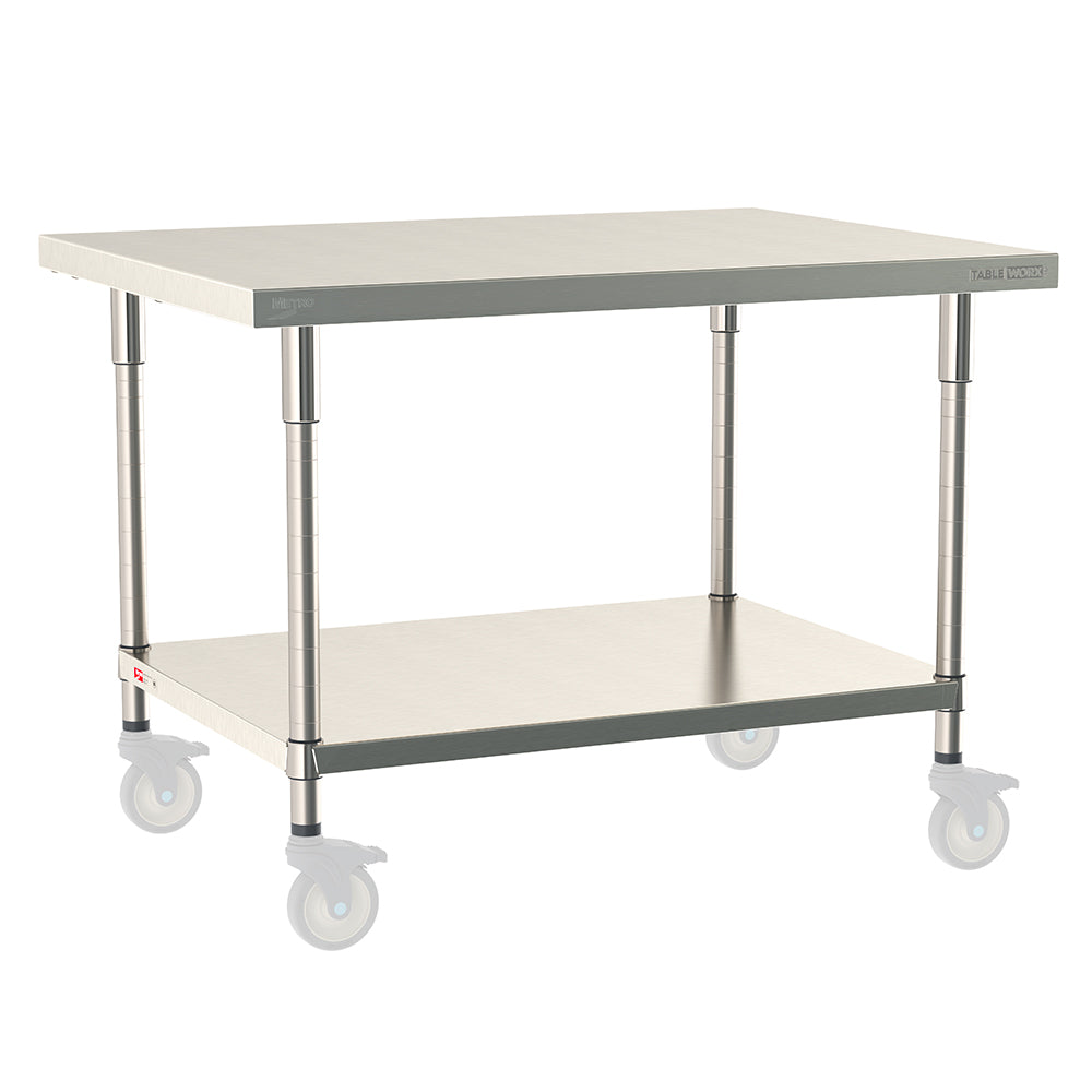 Metro TableWorx mobile-ready work table with 316 stainless steel top and 304 stainless steel solid undershelf and legs, compatible with Metro 1-inch stem casters for mobility.