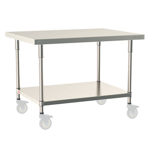 Metro TableWorx mobile-ready work table with 316 stainless steel top and 304 stainless steel solid undershelf and legs, compatible with Metro 1-inch stem casters for mobility.