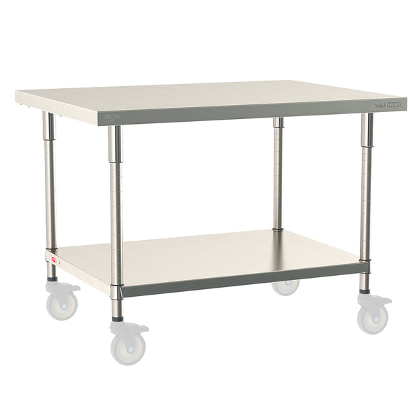 Metro TableWorx mobile-ready work table with 316 stainless steel top and 304 stainless steel solid undershelf and legs, compatible with Metro 1-inch stem casters for mobility.