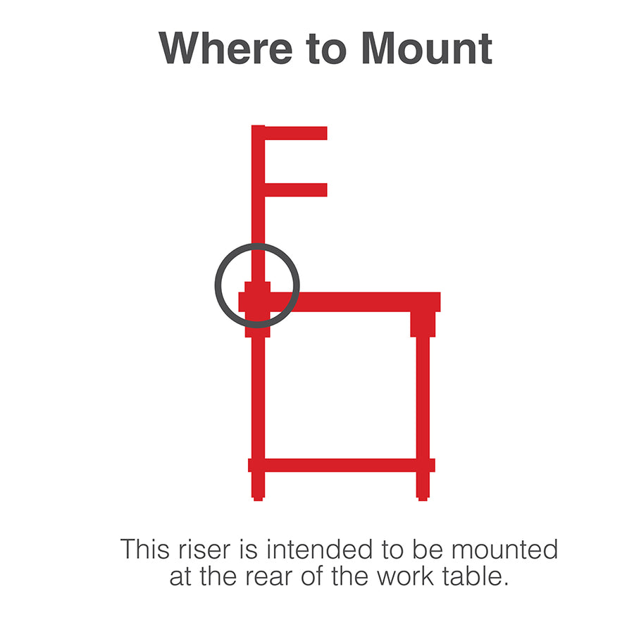 Mounting diagram for Metro TableWorx rear-mount riser, indicating attachment point at the rear of the work table.