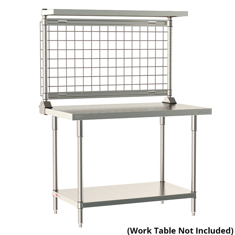 Metro TableWorx rear-mount riser system featuring a cantilevered stainless steel solid shelf and gray epoxy-coated steel wire grid on work table; table not included.