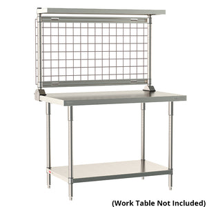 Metro TableWorx rear-mount riser system featuring a cantilevered stainless steel solid shelf and gray epoxy-coated steel wire grid on work table; table not included.