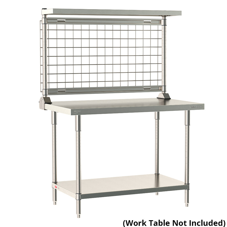 Metro TableWorx rear-mount stainless steel riser system featuring a cantilevered solid shelf and wire grid on work table; table not included.