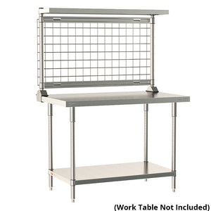 Metro TableWorx rear-mount stainless steel riser system featuring a cantilevered solid shelf and wire grid on work table; table not included.