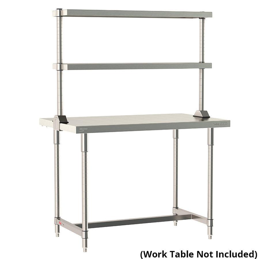 Metro TableWorx center-mount stainless steel riser system featuring two adjustable cantilevered solid shelves on work table; table not included.