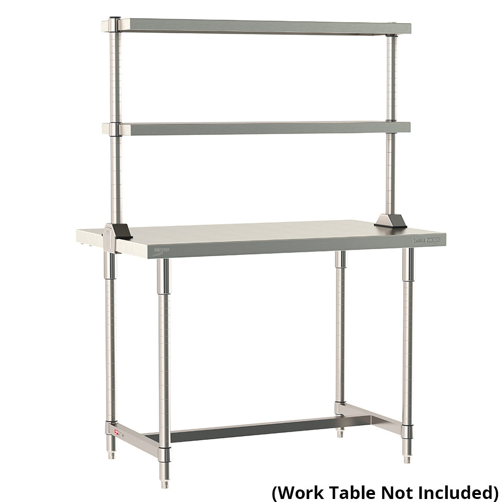 Metro TableWorx center-mount stainless steel riser system featuring two adjustable cantilevered solid shelves on work table; table not included.